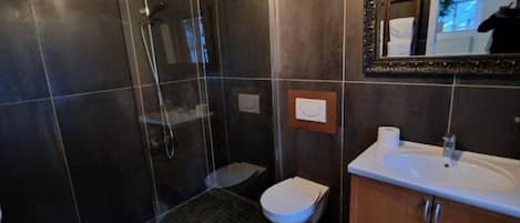 Shower, free toiletries, hair dryer, towels