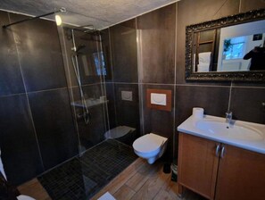 Shower, free toiletries, hair dryer, towels