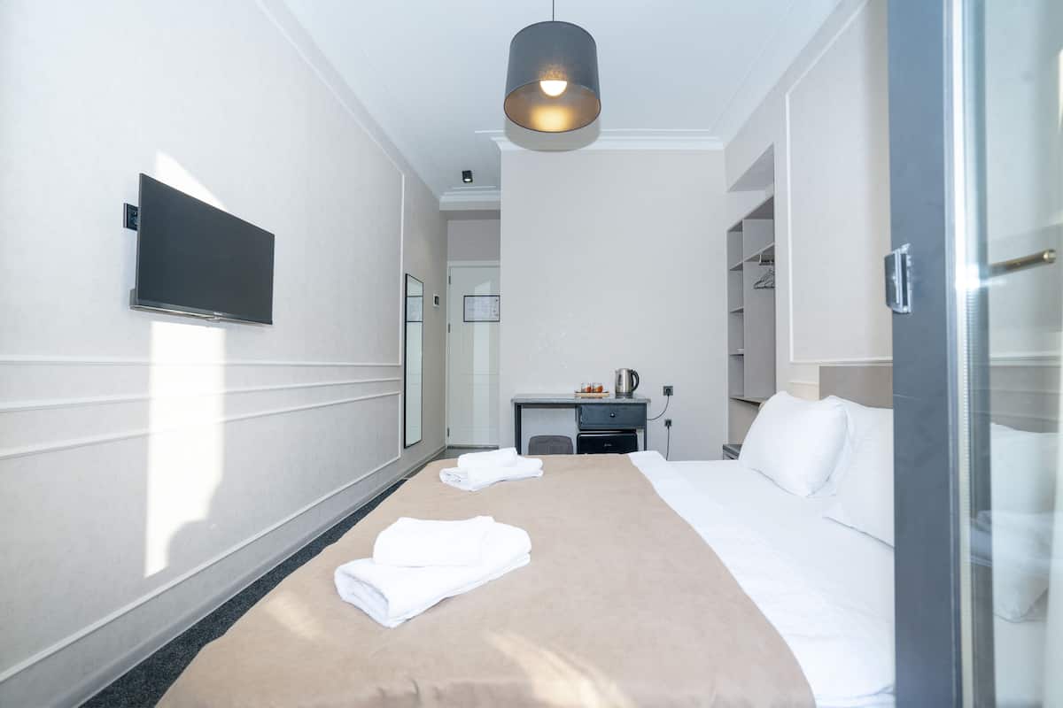A hotel room with a bed, a desk, a flat-screen TV, and a shower area.