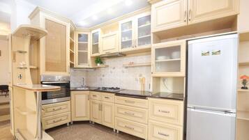 Family Apartment | Private kitchen | Fridge, stovetop, griddle, cookware/dishes/utensils