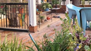 Un espacio exterior techado con plantas en macetas y un área de estar.