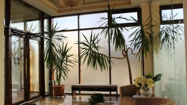 A spacious lobby with large windows, a bench, and several potted plants. - Hotel Alma (Constanta)