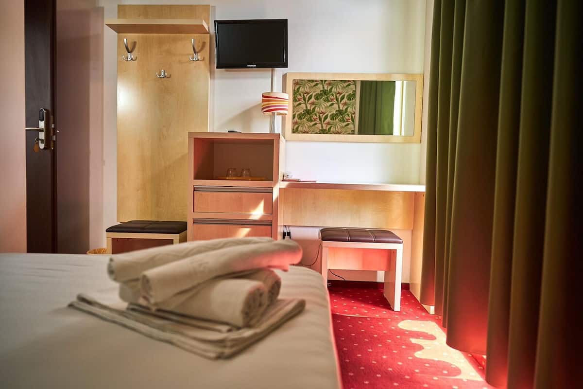 A hotel room with a bed, a desk, a chair, a TV, a mirror, and a wardrobe.