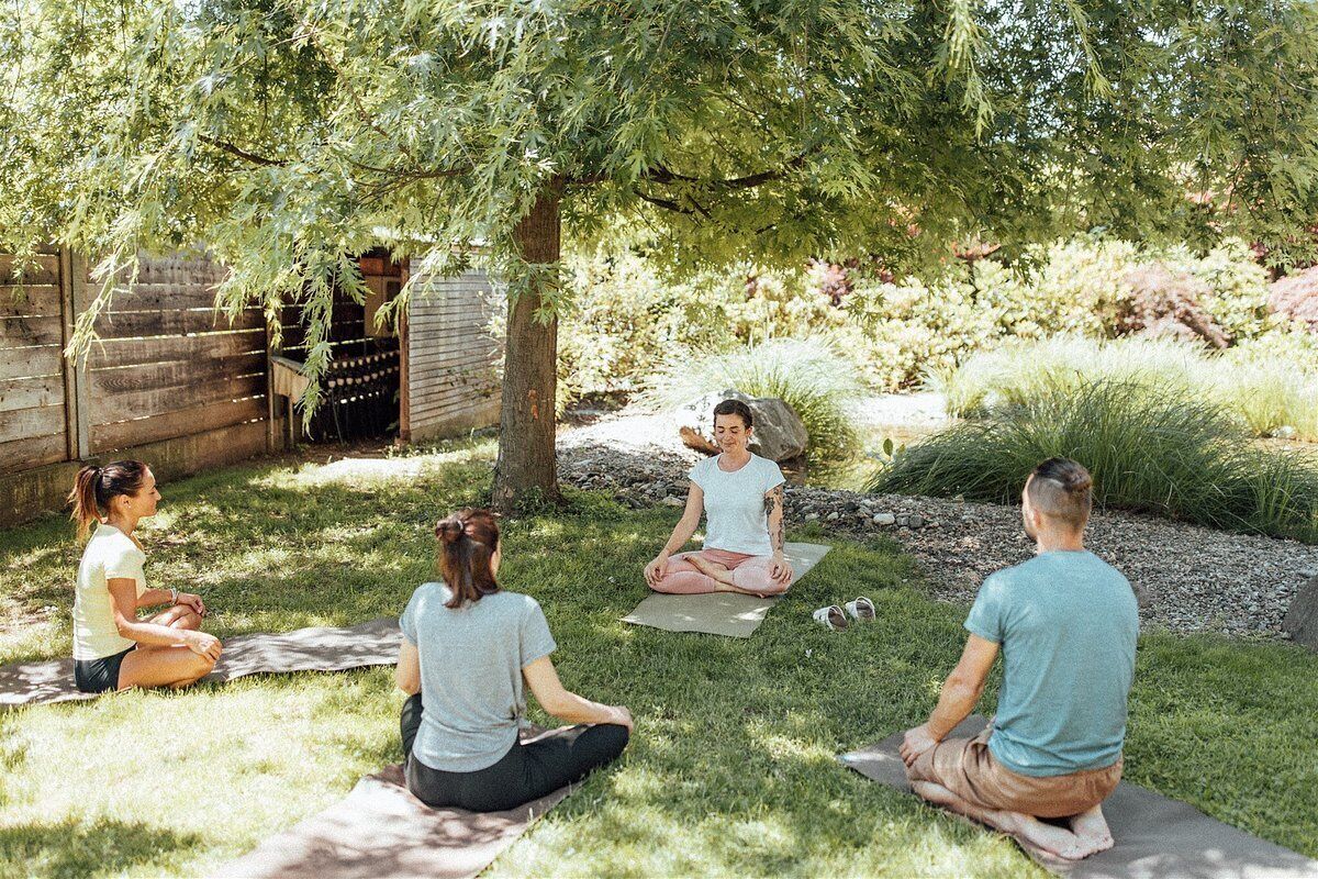 Cuatro personas meditando sobre esterillas de yoga en un jardín con árboles y arbustos.