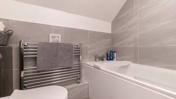 Hair dryer, towels, soap, shampoo