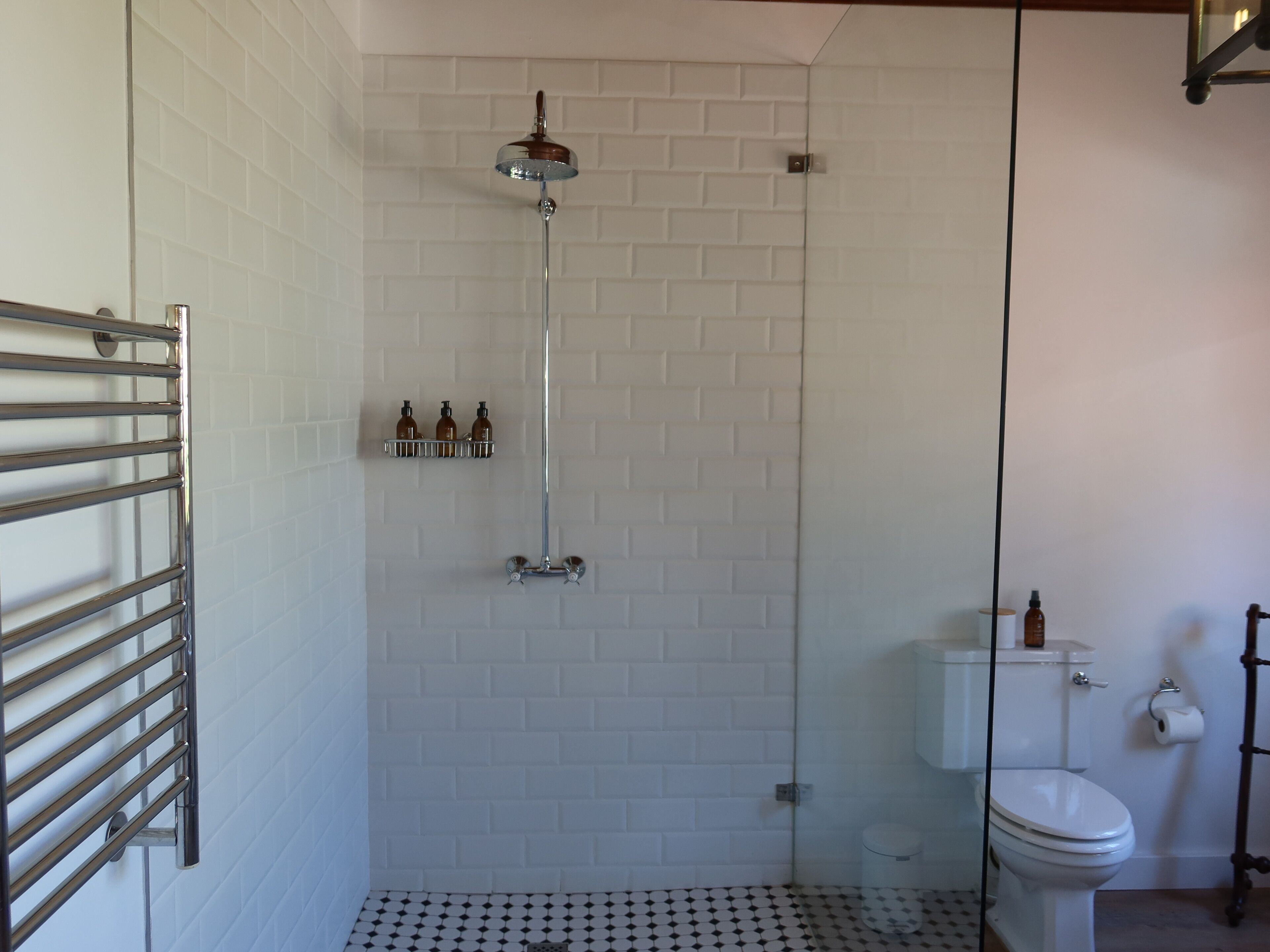 A bathroom with a shower, toilet, and a towel rack.