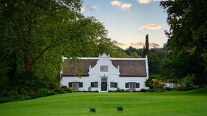 A white building with a thatched roof, surrounded by lush greenery and two ostriches in the foreground. - Navarre Residence (Stellenbosch)