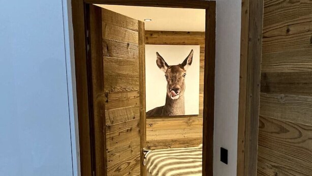 Um corredor estreito com paredes de madeira e uma porta que dá para um quarto com uma cama e um quadro de um veado.