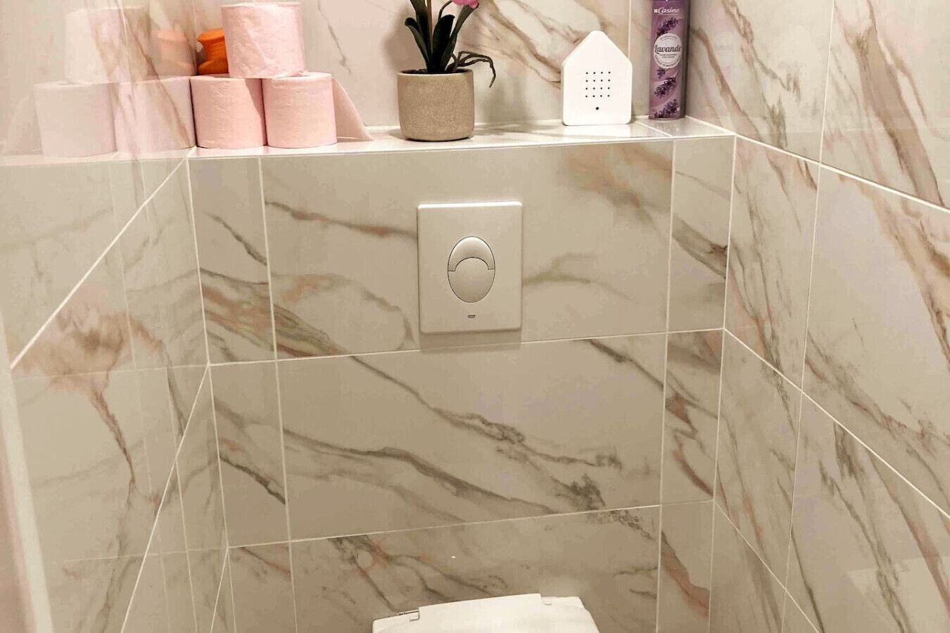 Ein Badezimmer mit Marmorfliesen, einem Toilettenpapierhalter, einer Topfpflanze und einem lavendelduftenden Raumerfrischer.