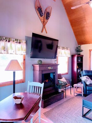 Smart TV, fireplace, books, computer monitors