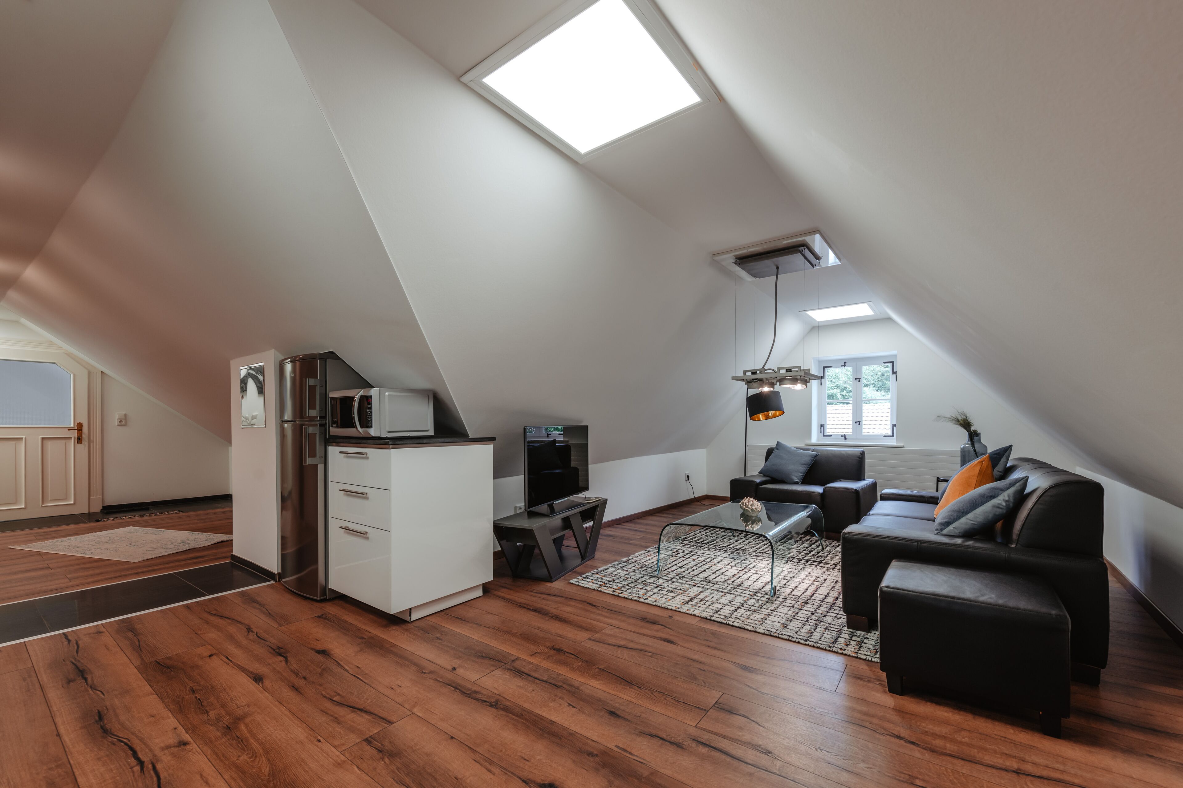 A modern loft apartment with a sloped ceiling, a kitchen area, a seating area with a sofa and ottoman, and a large skylight.