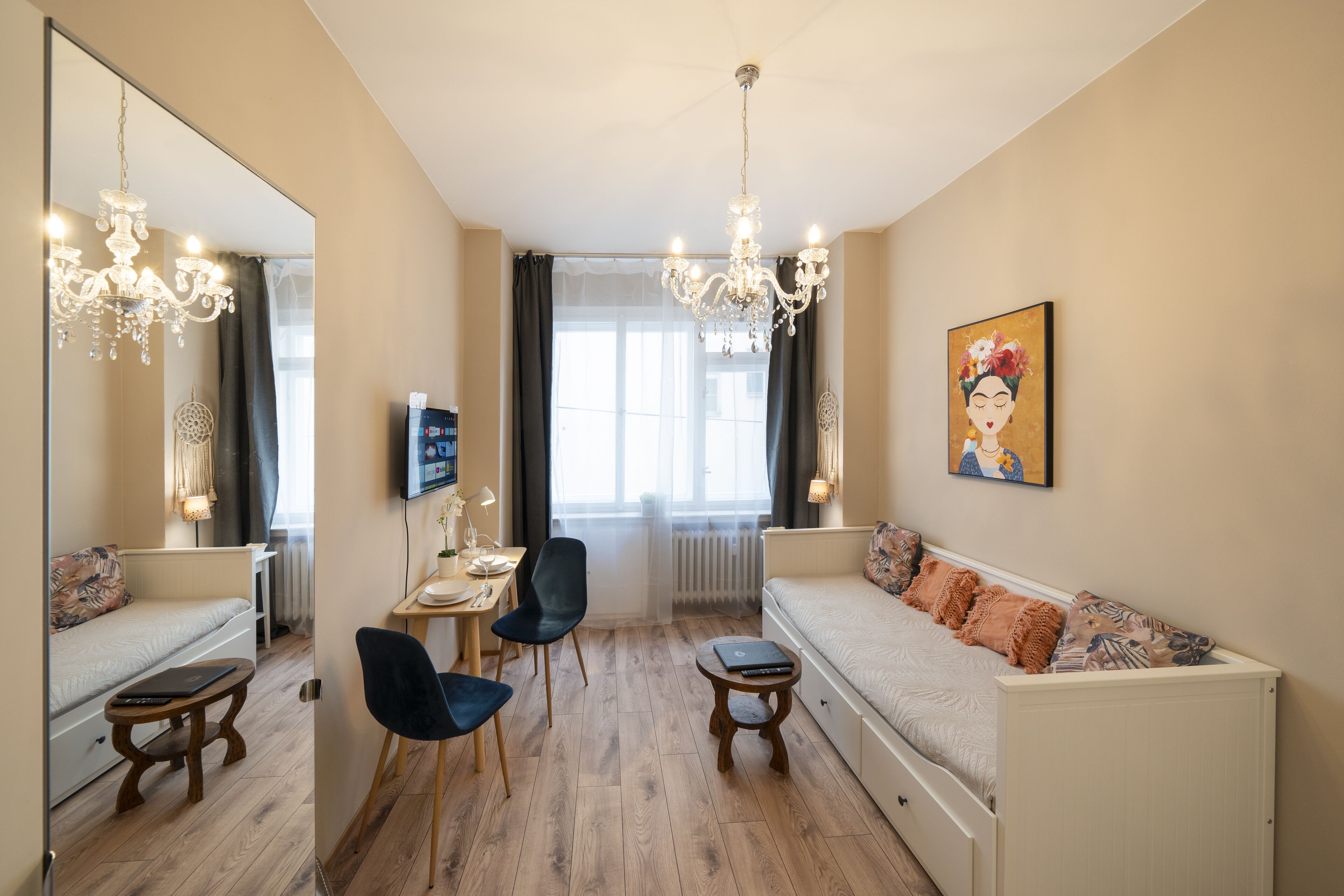 Select Comfort beds, desk, laptop workspace, blackout drapes