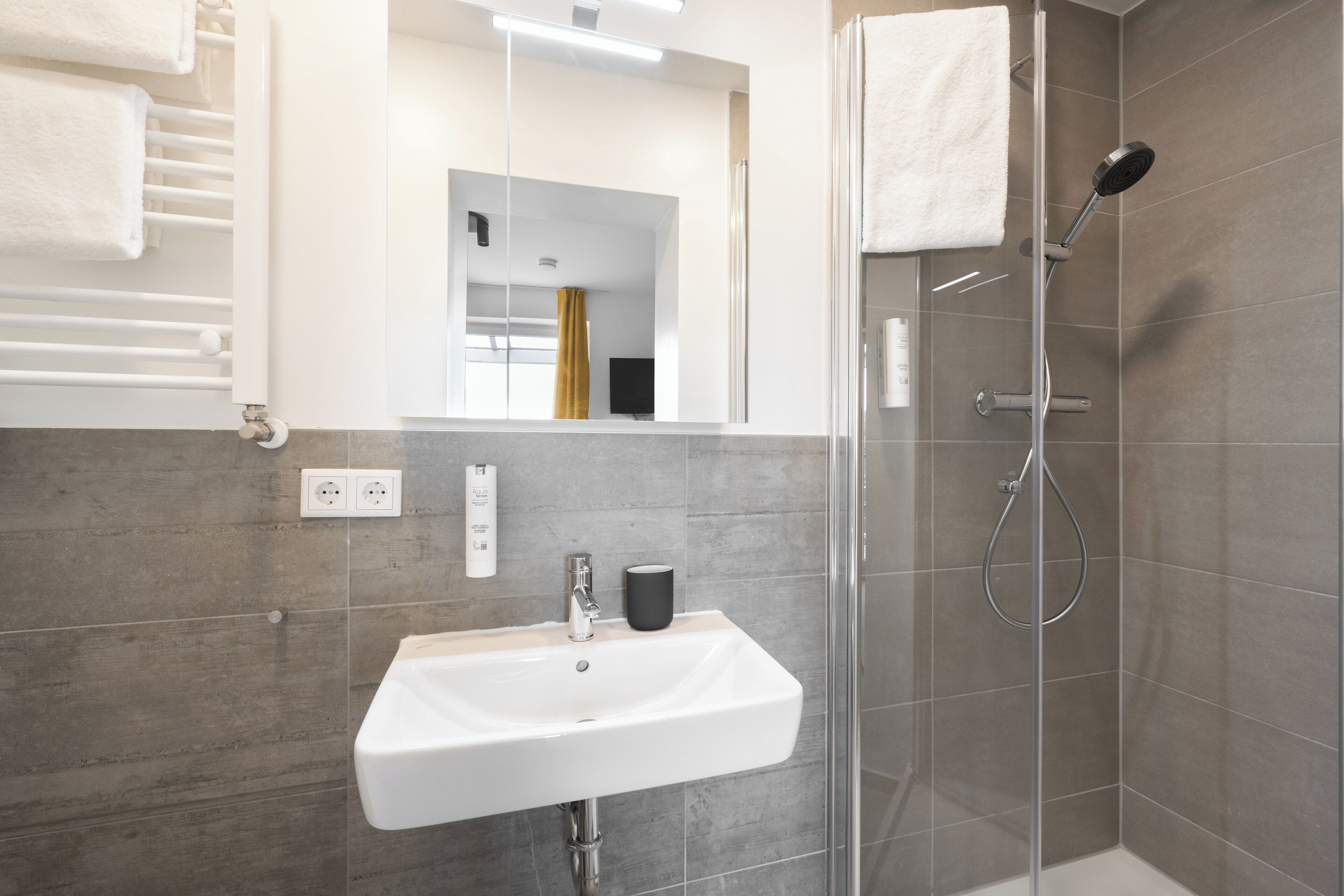 A modern bathroom with a white sink, a glass shower enclosure, and a mirror above the sink.