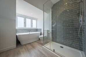 Shower, hair dryer, towels