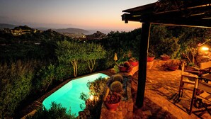 Ein Schwimmbecken, umgeben von Kübelpflanzen, mit einer Terrasse und Blick auf die Landschaft.