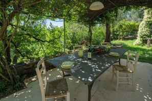 An outdoor dining area with a table set for four, surrounded by white chairs, under a pergola with a thatched roof.