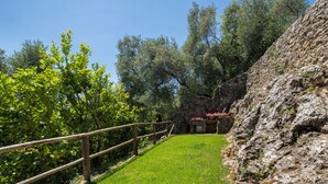 A stone pathway leading to a rustic stone building with a wooden fence on the left.