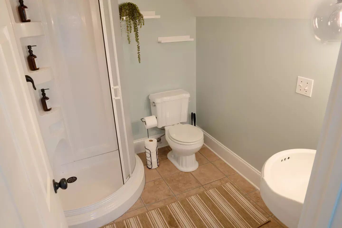 A bathroom with a toilet, a sink, and a shower area.