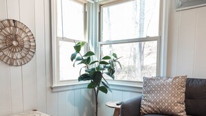 A cozy living room with a gray sofa, a patterned pillow, a woven bench, and a potted plant by a window. - Minimalist Style Home in Downtown JC - TF #12 (Johnson City)