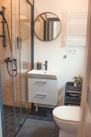 Hair dryer, towels, soap, toilet paper