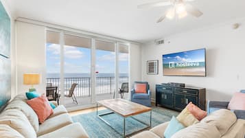 Signature Apartment, 3 Bedrooms, Balcony, Beach View | Living room | 50-inch Smart TV with digital channels