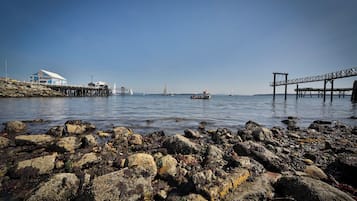 A rocky shoreline with a pier extending into calm waters, a small boat, and a distant sailboat.
