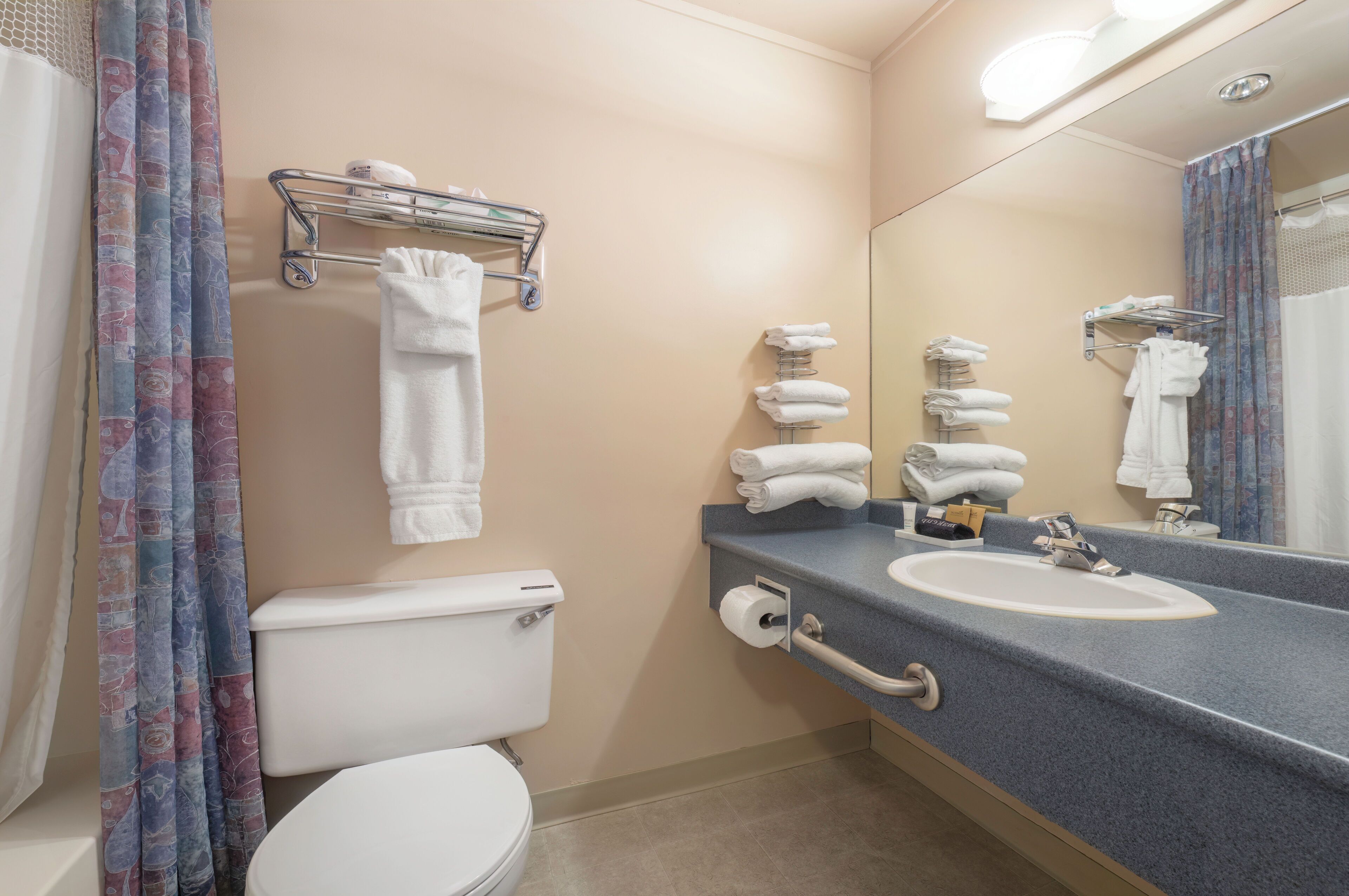 Une salle de bain équipée de toilettes, d’un lavabo et d’un porte-serviettes.