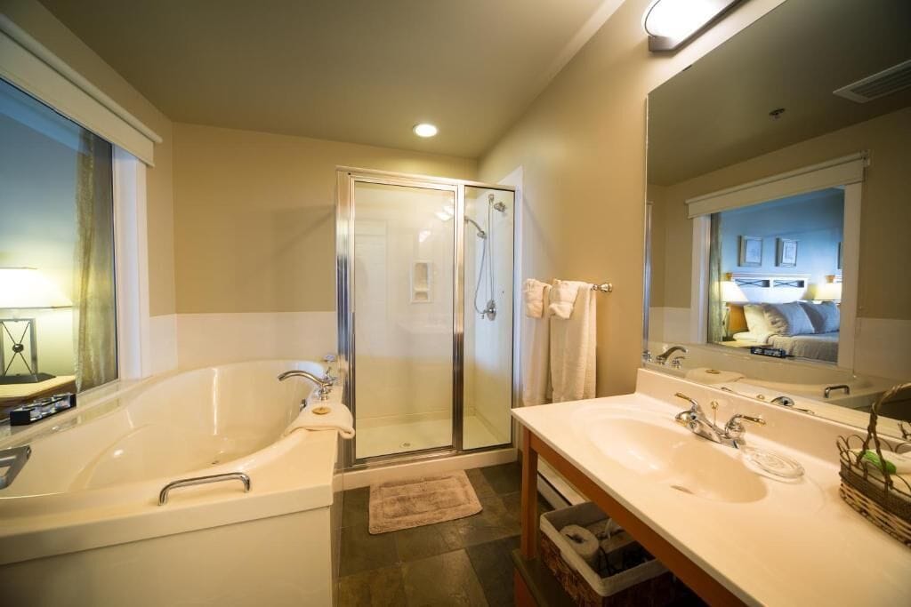 deluxe studio suite, 1 queen bed, city view | bathroom | free toiletries, hair dryer, bathrobes, towels