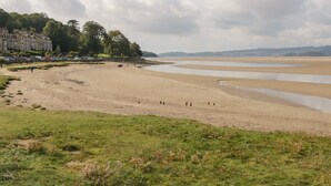 A beach with a sandy shore, a grassy foreground, and a row of buildings in the background. - Holmere Bank (Carnforth)