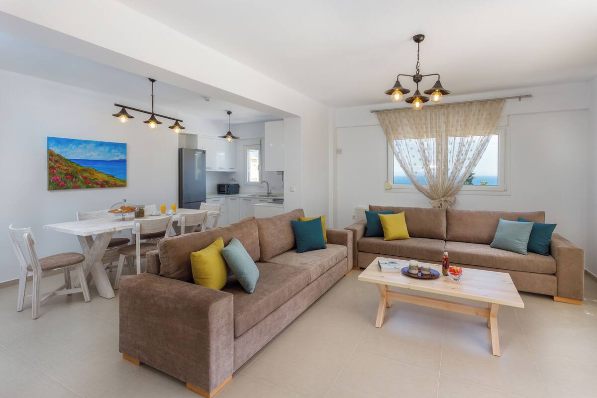 A modern living room with two sofas, a dining table, and a kitchen in the background.