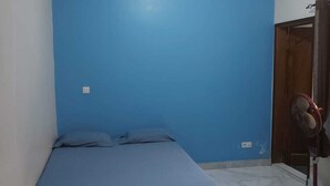 A bedroom with a single bed, a blue wall, a wooden door, and a standing fan. - Private room in very nice area. (Dakar)
