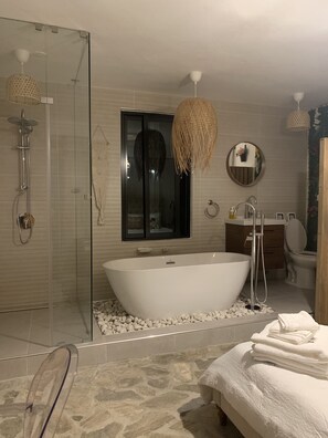 Hair dryer, towels, soap, shampoo