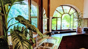 A kitchen with a sink, a large potted plant, and a view of greenery outside. - Steps to Ocean Playacar Villa Private Pool hosts 25+ guest (Playa del Carmen)