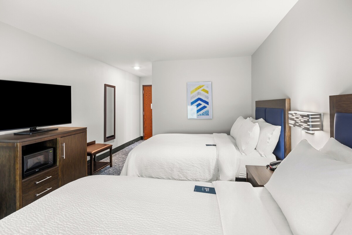 Quarto de hotel com duas camas, televisão de tela plana, micro-ondas e uma pequena escrivaninha.