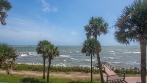 A coastal view with palm trees and a wooden walkway leading to the beach. - 646 New Haven Ct (Fripp Island)