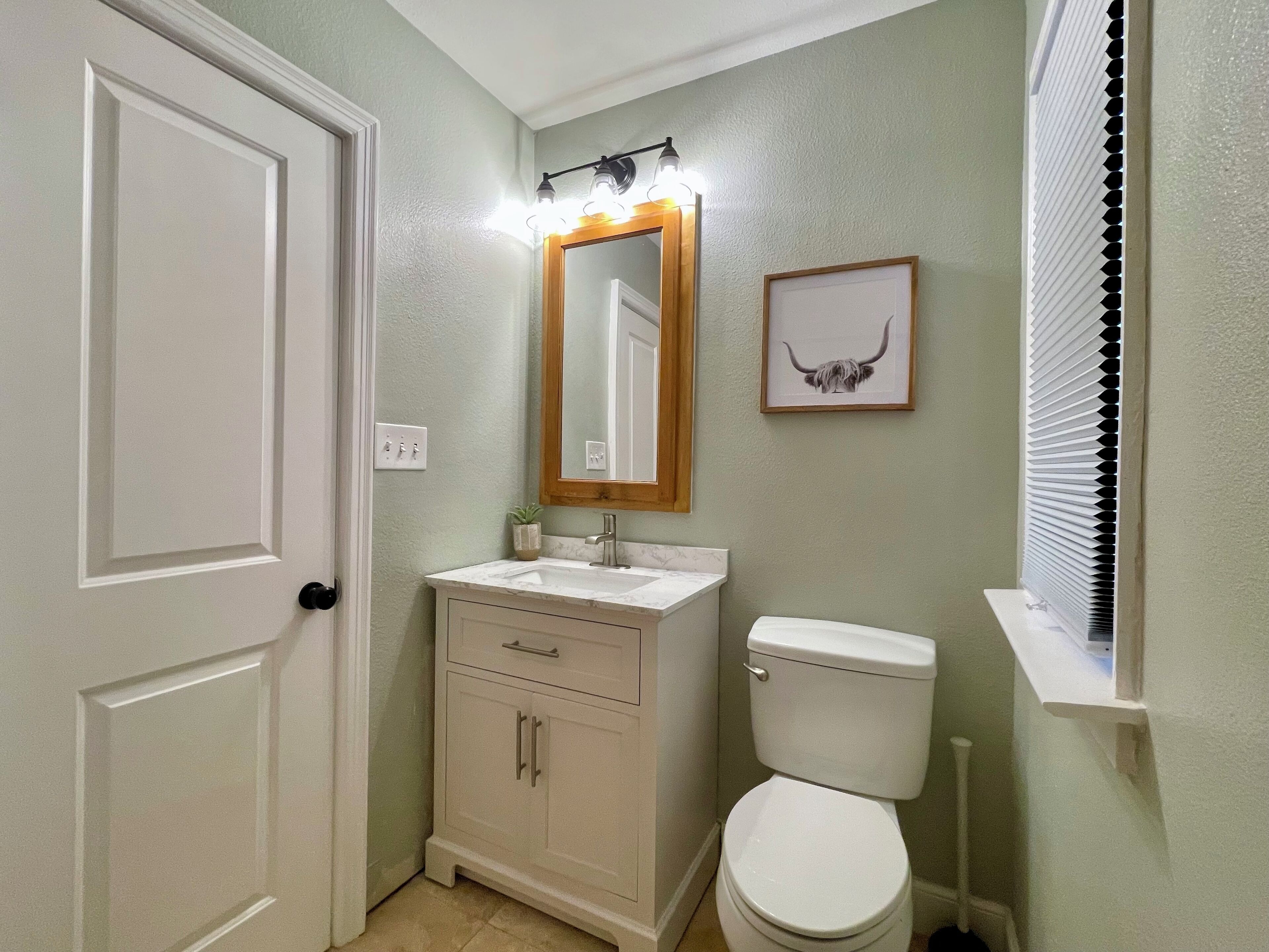 A bathroom with a white toilet, a sink with a marble countertop, a cabinet with drawers, a mirror with lights, and a framed picture on the wall.