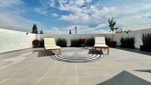 Un patio al aire libre con dos sillones de descanso, un tapete de diseño circular y plantas en macetas.