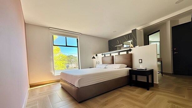 Un dormitorio moderno con una cama grande, una mesita de noche, una ventana con vistas a árboles y una puerta oscura.