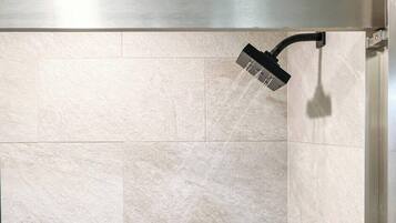Shower, hair dryer, shampoo