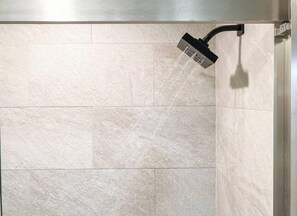 Shower, hair dryer, shampoo