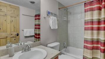Une salle de bain avec un lavabo, des toilettes et une douche.