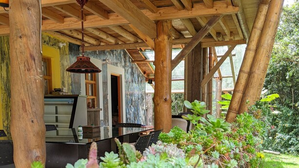 A rustic wooden structure with a covered patio area, a kitchen with a yellow wall, and various potted plants. - Refugio en el Bosque (Envigado)