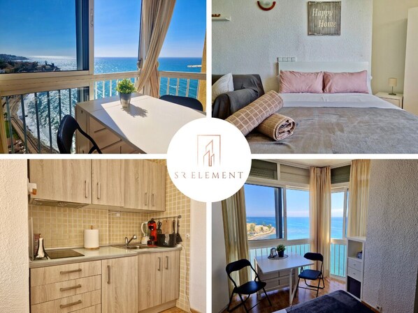 Une chambre d’hôtel avec un balcon, un lit avec des oreillers, un bureau avec une chaise et un coin cuisine.