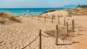Ein Sandstrand mit Holzsteigen und reetgedeckten Sonnenschirmen.