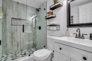 Hair dryer, towels, soap, toilet paper