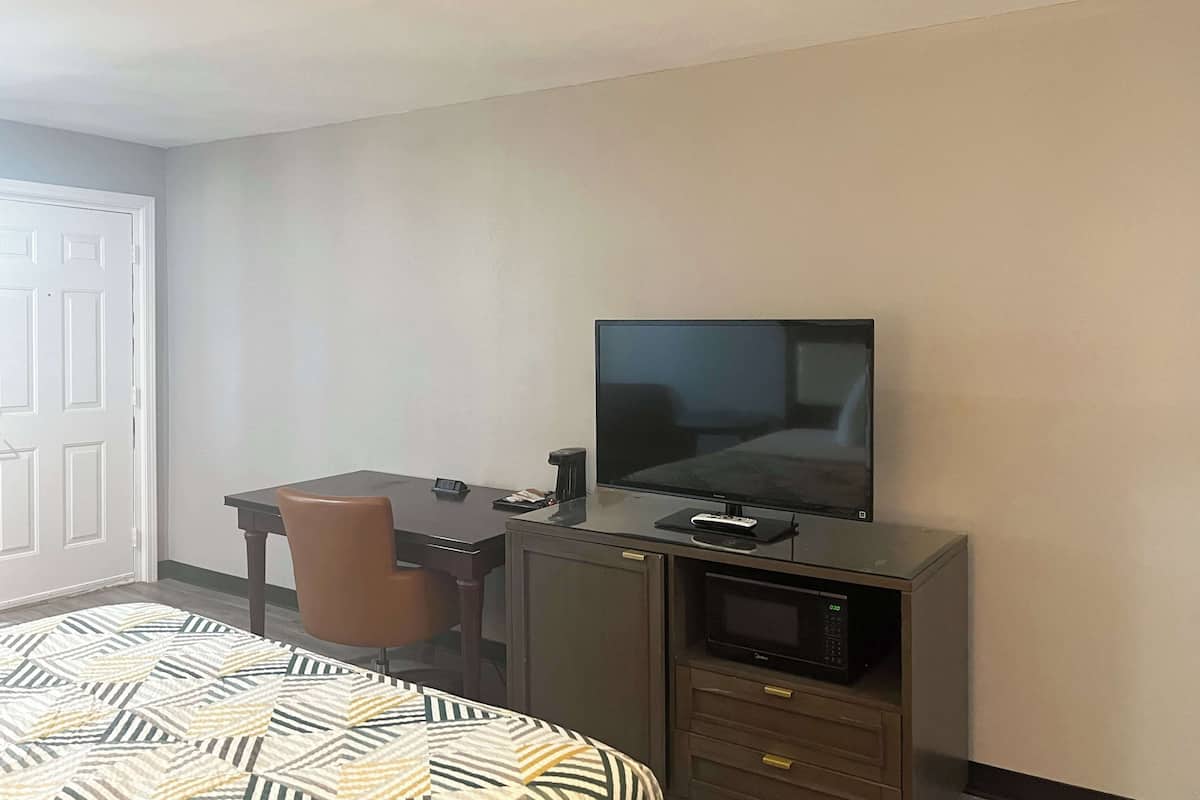 A hotel room with a bed, a desk with a television, a microwave, and a chair.