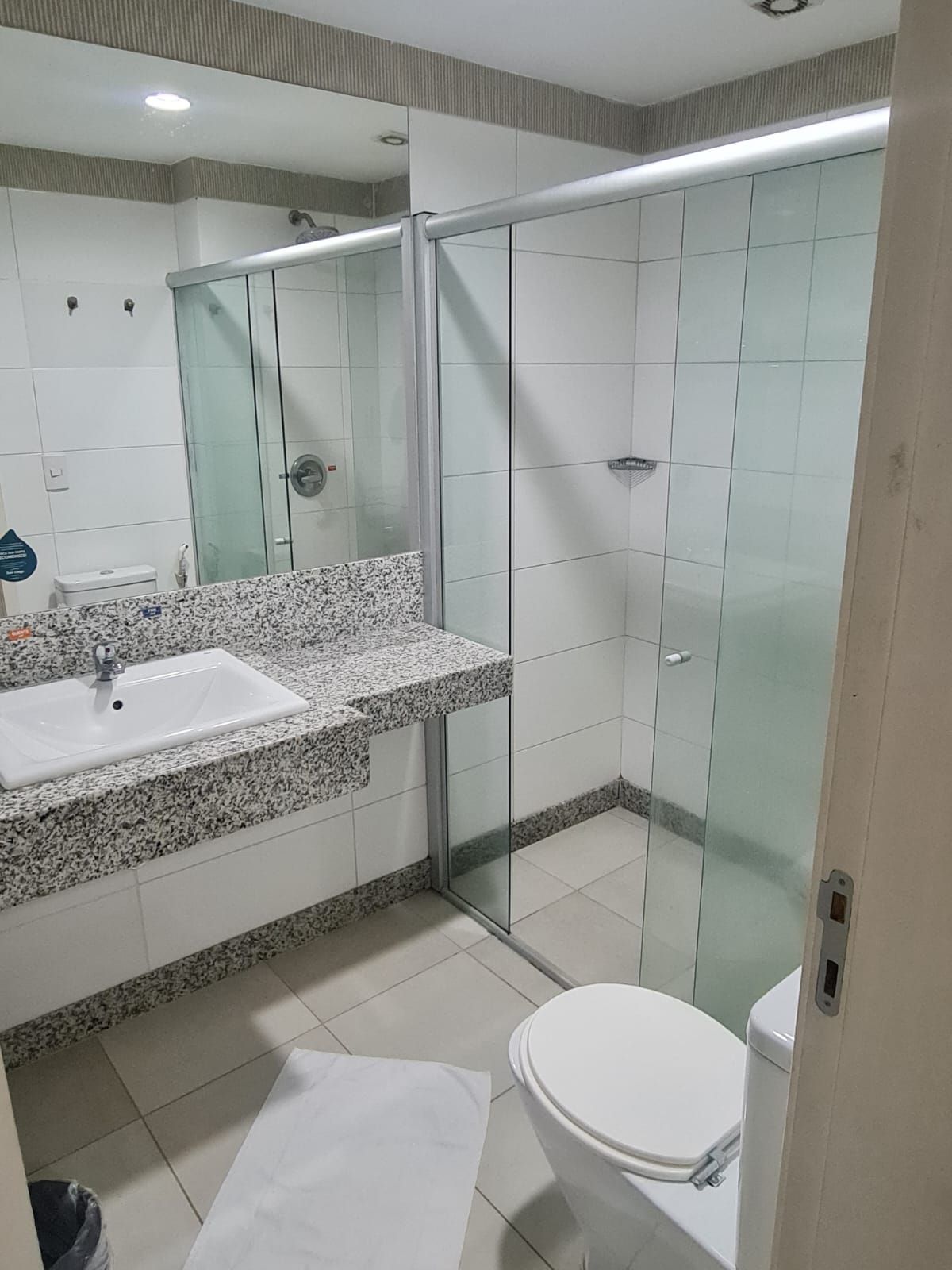 Un baño con ducha acristalada, lavabo e inodoro.