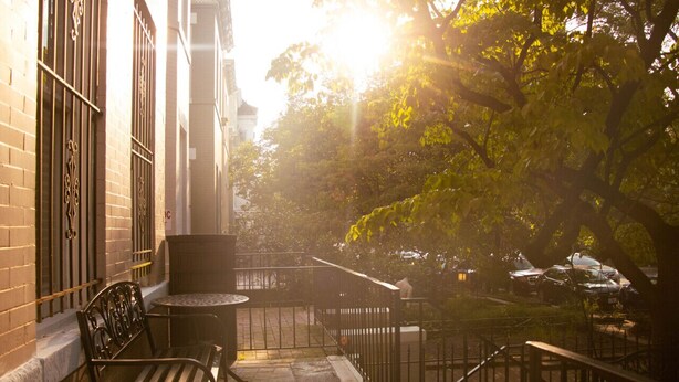 A balcony with a bench and a table, overlooking a parking area and trees. - Lovely, 1 BR in Adams Morgan! Walk Everywhere! (Washington)