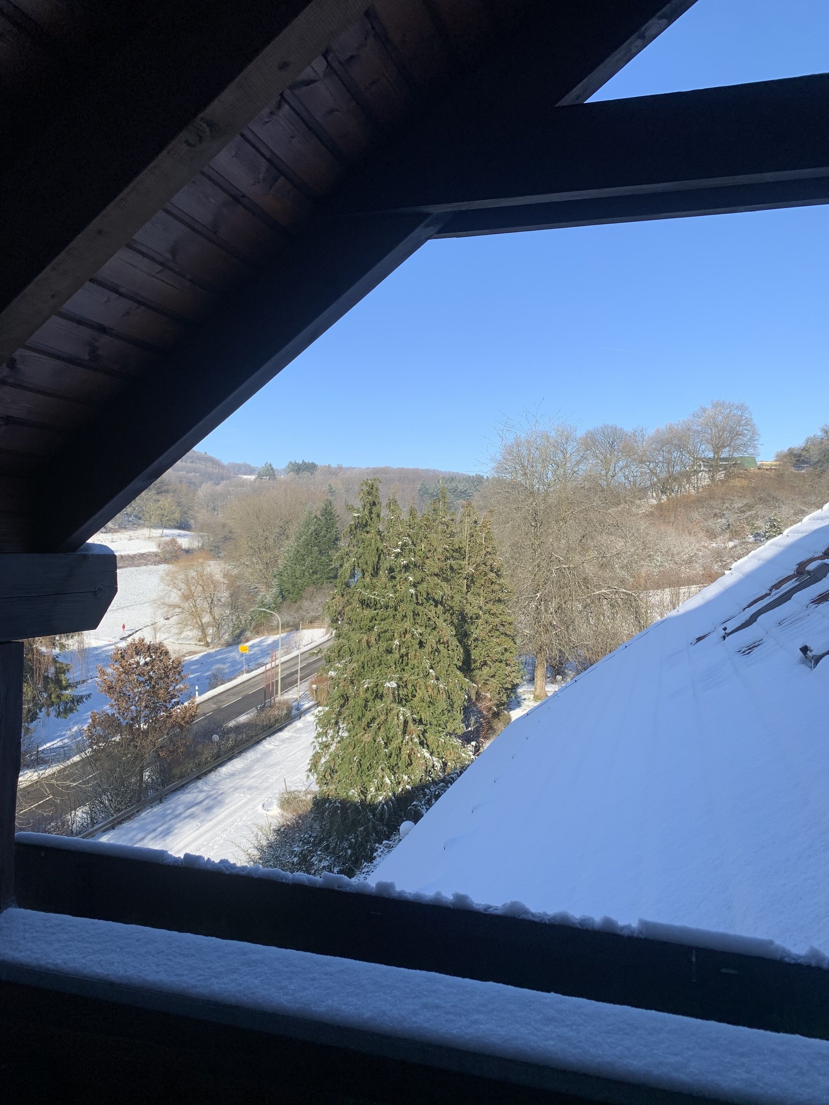A view from a window with a wooden ceiling, overlooking a snowy landscape with trees and a road.