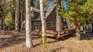 A lodge with a wooden deck, surrounded by birch trees and a clear sky.